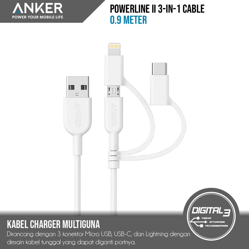Anker Powerline II – 3 in 1 Cable A8436 || Kabel USB Type C Paling Awet