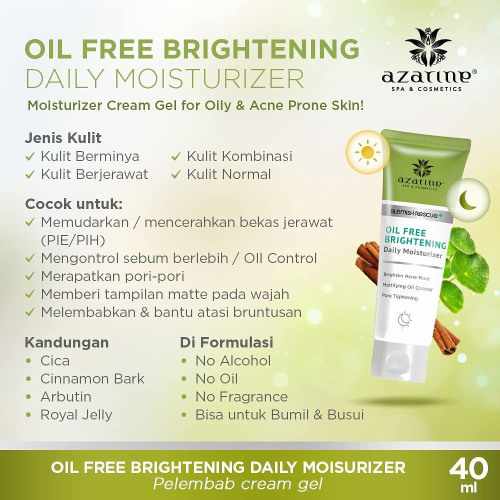 Azarine Oil Free Brightening Daily Moisturizer || Pelembab Non Comedogenic Terbaik