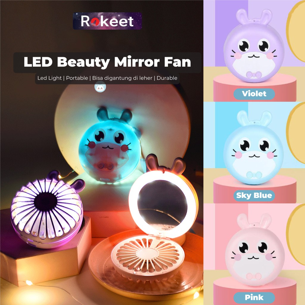 Rokeet Portable Mini Fan Karakter Beauty Mirror LED || Kipas Angin Portable Terbaik 