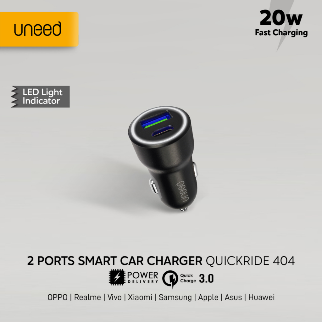 UNEED Dual Port Car Charger Mobil 20W QC PD-UCC404 || charger mobil fast charging terbaik