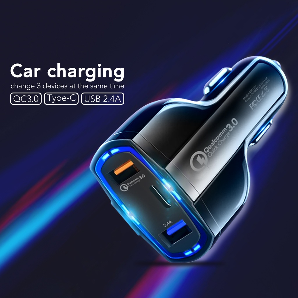 AMINO Car Charger Fast Charger 3 Port USB QC 3.0 TYPE C Output Saver AM-C01 || charger mobil fast charging terbaik