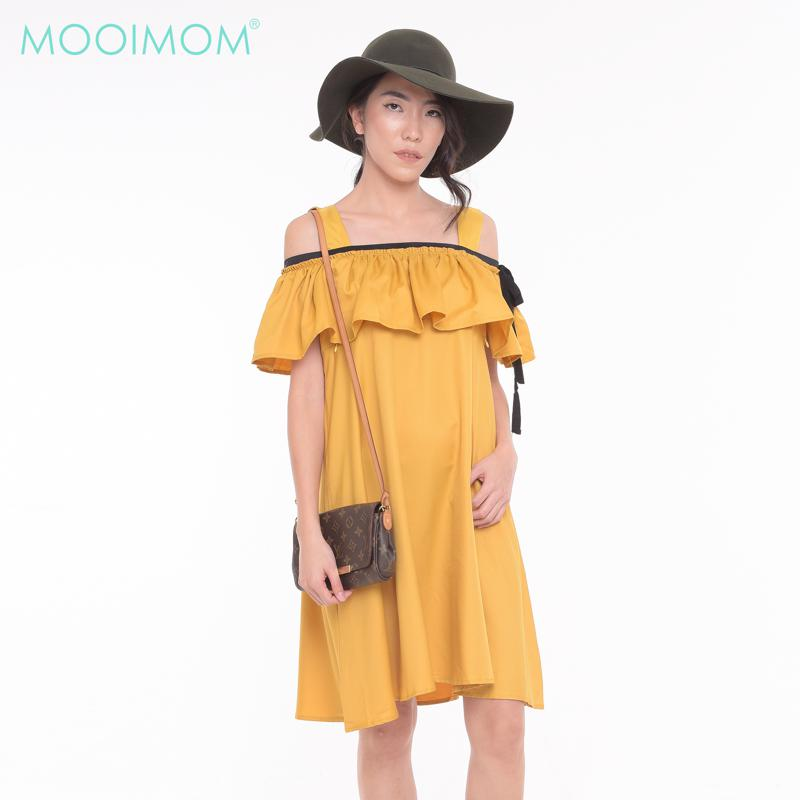 Mooimom: Cold Shoulder Ruffled Maternity & Nursing Dress Yellow (N8055) || Baju Hamil Terbaru 2023