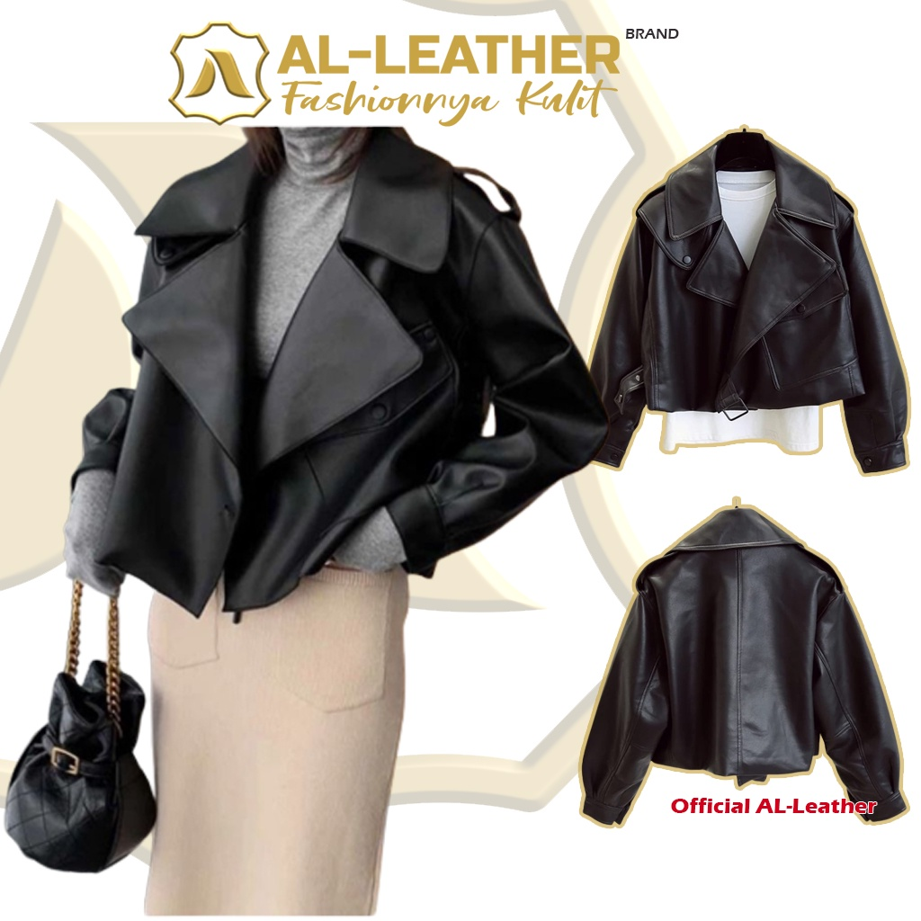 Kemeja Cream Jaket Kulit Crop Leather Jacket Lengan Panjang || Jaket Wanita Baru Kekinian
