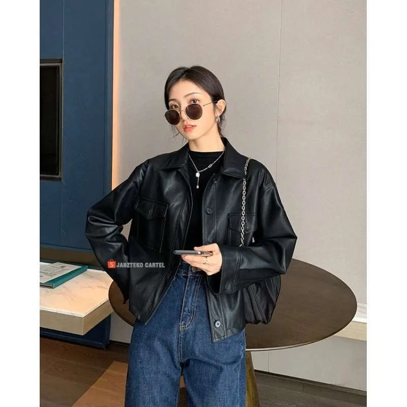 JNK x BINBIN - Jaket Kulit Wanita Coklat Hitam Faux Synthetic Leather Jacket || Jaket Wanita Baru Kekinian