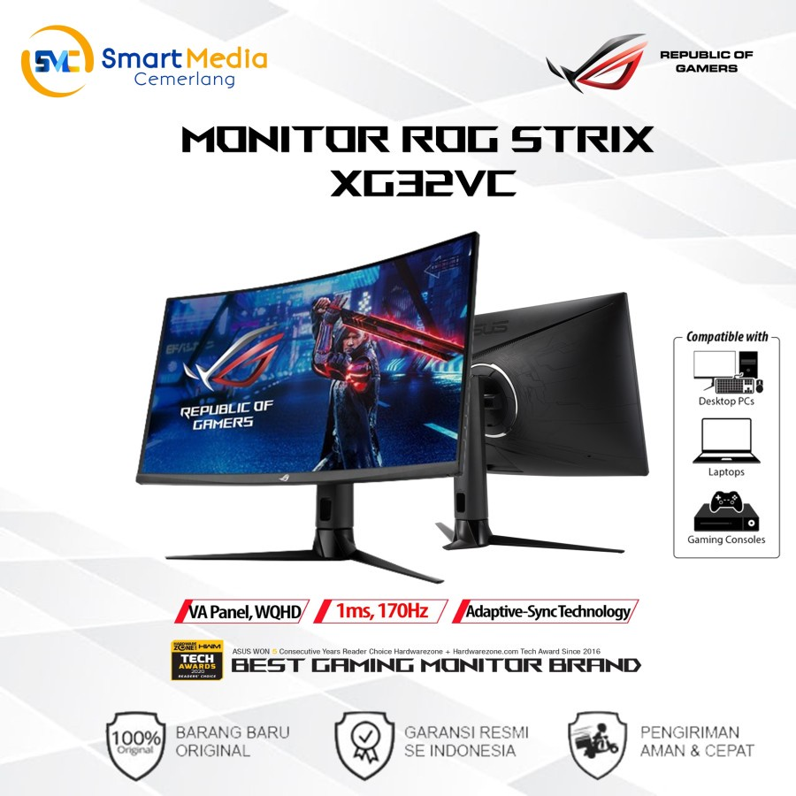 ASUS ROG Strix XG32VC 32" VA Curved Gaming Monitor 1440p, 170Hz, 1ms || Monitor Curved Terbaik